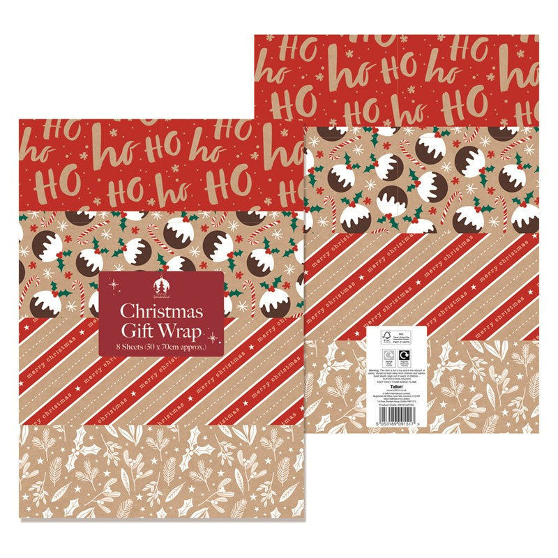 8 Sheet Kraft Xmas Flat Wrap