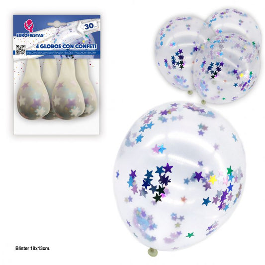 4 Latex Balloons with multi-colour star confetti