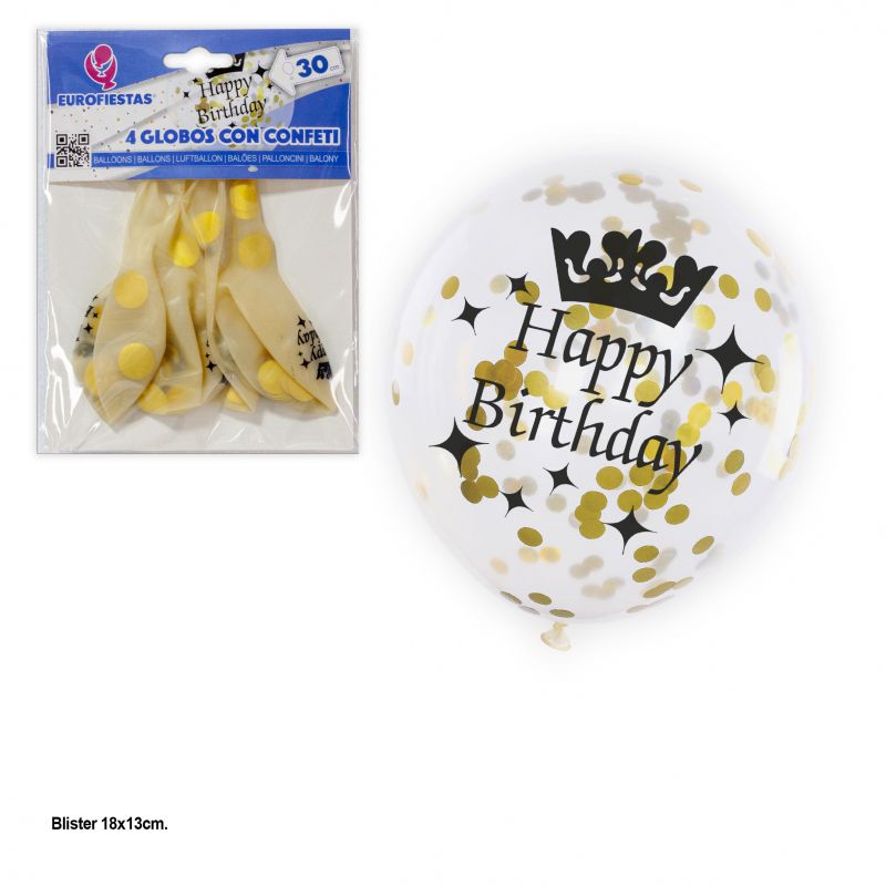 4 Globos de Látex Feliz Cumpleaños con confeti dorado