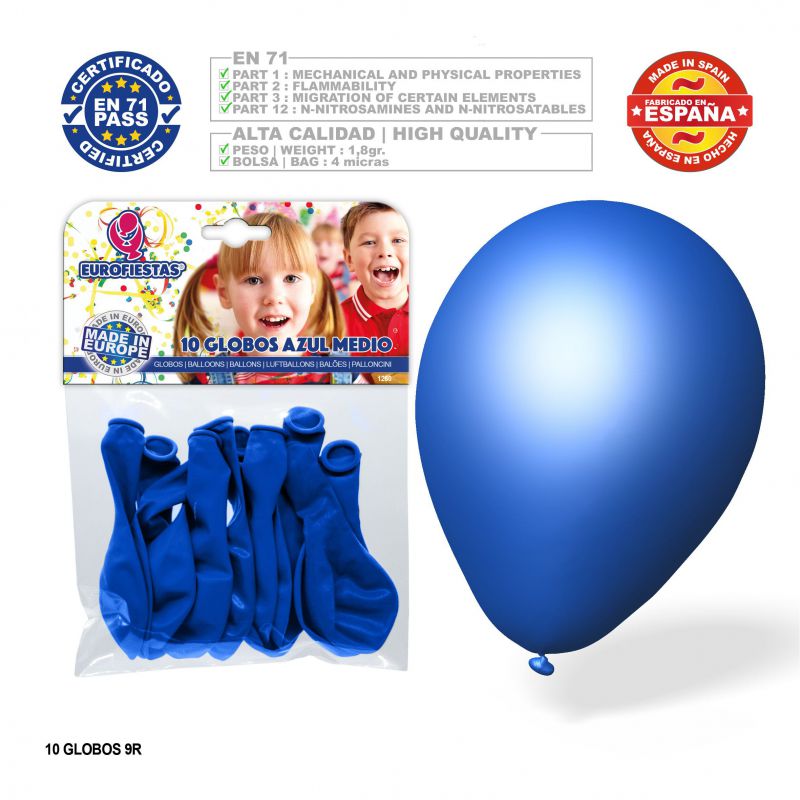 10 globos de látex azules.