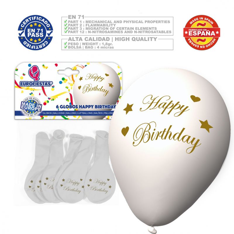 x6 globos de látex de feliz cumpleaños